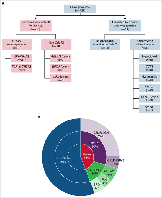 Genomic classification. (A) Flow diagram of the final comprehensive genomic classification. (B) Pie chart showing the frequency of genomic alterations in adults with Ph-like ALL.