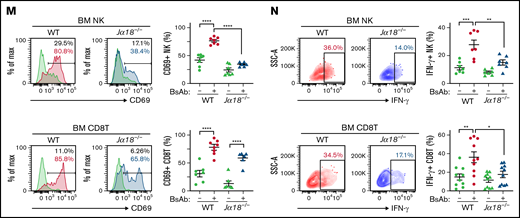 iNKT cells are critically necessary for antimyeloma immunity elicited by the CD3/BCMA BsAb. (A) The expression level of BCMA on Vk14451 myeloma cells. FMO indicates the fluorescence minus one controls. (B) CellTrace Violet (CTV)–labeled T cells were cocultured with Vk14451 cells for 3 days in the presence of indicated concentrations of the CD3/BCMA BsAb. CD8 T-cell proliferation. (C) Expression levels of BCMA on parental 5TGM1 cells and 5TGM1-BCMA cells . (D) Cell viability of 5TGM1 and 5TGM1-BCMA cells 2 days after coculture with T cells in the presence of indicated concentrations of the CD3/BCMA BsAb. (E) The experimental design. (F) Expression levels of CD69 in T cell subsets in the BM from naïve and tumor-bearing mice. (G-H) Flow cytometry showed the frequencies of CD8 T cells and NK cells expressing CD69 and CD107a (G) and IFN-γ (H) in the myeloma BM (n = 4). (I) WT mice and Jα18−/− mice were challenged with Vk14451 cells, and treated with a single dose of CD3/BCMA BsAb. WT mice were pretreated with anti-CD8β or anti-CD4–depleting mAb 3 days before BsAb treatment. Violin plots showing the number of BM tumor cells 2 weeks after treatment with the BsAb. The middle lines indicate the median values. Results are pooled from 2 experiments (n = 6-9). (J) Frequencies of live iNKT cells and CD8 T cells in the BM. (K) Frequencies of annexin V+ apoptotic cells in mice treated with the CD3/BCMA BsAb (red) or control (blue). (L) The number of live BM iNKT cells and CD8 T cells at the indicated time points after treatment (n = 8). (M-N) Tumor-bearing WT and Jα18−/− mice were treated with or without the CD3/BCMA BsAb, and BM CD8 T and NK cells were analyzed 16 hours after treatment. (M) Expression levels of CD69. Green histograms indicate the untreated control. (N) Frequencies of IFN-γ–producing cells. Results are pooled from 2 or 3 experiments (n = 6-10). Data are expressed as the mean ± SEM (D,G-H,L-N), and differences were tested for statistical significance using an unpaired Student t test (D,G-H), a Kruskal-Wallis test with Dunn's post hoc test (I), a Mann-Whitney U test (L), and 2-way analysis of variance with Sidak’s multiple comparison (M-N). *P < .05, **P < .01, ***P < .001, ****P < .0001.