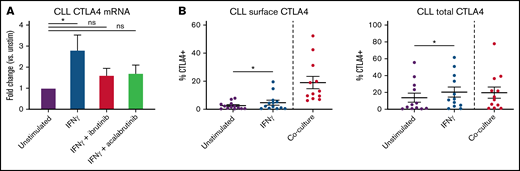 IFN-γ stimulates CTLA4 mRNA production. (A) CLL cells were treated with 1 μM ibrutinib or acalabrutinib for 1 hour before washing and stimulation with 100 IU/mL IFN-γ for 48 hours. Total CTLA4 mRNA was measured by qPCR (n = 10 unstim, 10 IFN-γ, 9 IFN-γ+ibru, 7 IFN-γ+acal). (B) CLL cells were stimulated with 100 IU/mL IFN-γ for 48 hours and then CTLA4 expression was quantified by flow cytometry. The left 2 columns represent paired unstimulated vs IFN-γ–stimulated samples (n = 13), and the right column represents unrelated coculture-stimulated CLL cells (n = 12). Graphs show mean ± standard deviation. *P < .05 by mixed effect modeling (A) or paired t test (B). ns, not significant.