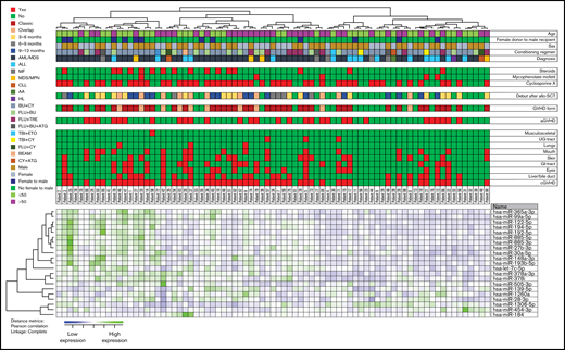 Hierarchical clustering of miRNA expression profiles and cGVHD patients. We performed a hierarchical cluster analysis (Pearson’s correlation, complete linkage) based on the 21 most discriminative miRNAs identified (P < .02) (Table 2). The heat map, the corresponding dendrograms, and the belonging patient data are demonstrated in the figure. Green indicates high relative miRNA expression levels, whereas blue indicates low expression. The patients' characteristics are given in the columns above. We identified 2 main patient clusters: the left main cluster includes a major part of patients with cGVHD, whereas the right cluster includes mainly patients without posttransplant cGVHD. Thirty-seven of the 50 cGVHD patients clustered in the group with generally high expression of miRNAs, whereas 17 of the 29 without cGVHD clustered in the group with generally low expression of miRNAs. The frequency of cGVHD patients differed significantly between the 2 main clusters (odds ratio, 4.03; 95% CI, 1.52-10.66, P = .0049). AML, acute myelogenous leukemia; ALL, acute lymphoblastic leukemia; MF, myelofibrosis; MPN, myeloproliferative neoplasia; CLL, chronic lymphocytic leukemia; AA, aplastic anemia; HL, Hodgkin’s lymphoma; BU, busulphan; CY, cyclophosphamide; FLU, fludarabine; TRE, treosulfan; ATG, antithymoglobulin; TBI, total body irradiation; ETO, etoposide.