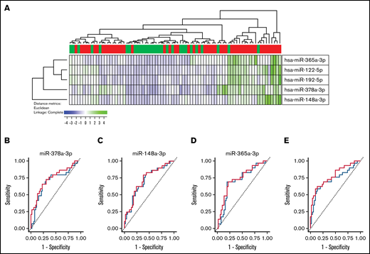 Development of a miRNA signature highly associated with cGVHD. (A) Based on the relative expression of the 5 miRNAs miRNA-365a-3p, miRNA-148a-3p, miR-122-5p, miR-378a-3p, and miR-192-5p, we performed a hierarchical cluster analysis (Euclidean correlation and complete linkage). This cluster analysis clearly demonstrates that high serum levels of these miRNAs were associated with high frequency of patients with cGVHD. Using LASSO analysis, we identified miR-365a-3p, mir-148a-3p, and miR-378a-3p to be sufficient for the prediction for the diagnostic model. We performed an internal fivefold crossvalidation for our material, and ROC curves were compared. (B) ROC curve for miR-378a-3p without crossvalidation (red) and with crossvalidation (blue); the AUCs were 0.732 and 0.719, respectively. (C) ROC curve for miR-148a-3p without crossvalidation (red) and with crossvalidation (blue); the AUCs were 0.732 and 0.719, respectively. (D) ROC curve for miR-365a-3p without crossvalidation (red) and with crossvalidation (blue); the AUCs were 0.720 and 0.692, respectively. (E) Based on a linear regression model to improve the diagnostic model by use of the 3 miRNAs miR-378a-3p, miR-148a-3p, and miR-365a-3p, the highest AUC was reached. ROC curve without crossvalidation (red) and with crossvalidation (blue) are shown; the AUCs were 0.778 and 0.740, respectively.