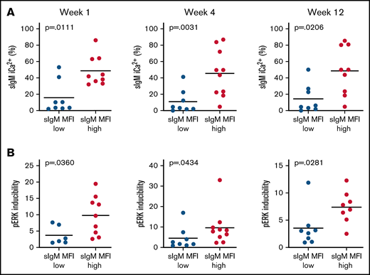 High sIgM expression before therapy associates with residual signaling capacity downstream of BTK during ibrutinib. Residual anti-IgM–induced signaling capacity was measured by flow cytometry (sIgM iCa2+) (A) and immunoblotting (pERK inducibility) (B) in a total of 18 patients with CLL. Levels of sIgM were determined before start of ibrutinib therapy. The statistical difference was calculated using the Mann-Whitney U-test.