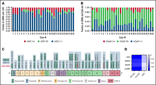 Synonymous ADAMTS13 variants affect GC content and CpG sites. (A) Proportion of sSNVs in each exon that increase GC content (red), decrease GC content (blue), or do not affect GC content (green). (B) Proportion of sSNVs in each exon that increase CpG (red), decrease CpG (blue), or do not affect CpG (green). (C) Fifty-five synonymous variants that exhibit ΔGC >0 and 31 sSNVs that created new CpG site (positive CpG) across ADAMTS13 exons. (D) Correlation between folding energy and GC content in variant and WT ADAMTS13. USS variants are shown in red.