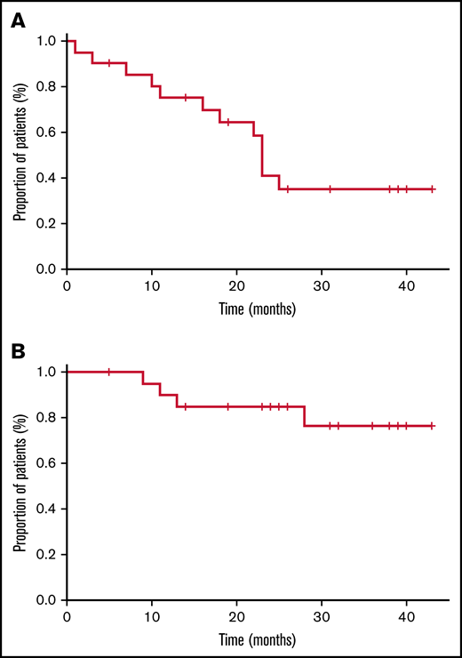 Survival of patients who completed the planned course of ofatumumab treatment. The survival curves depict PFS (A) and OS (B) of the whole cohort.