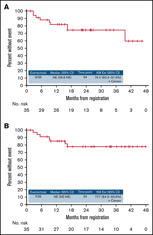 Survival curves. (A) PFS. (B) OS. KM, Kaplan-Meier; NE, not evaluable.