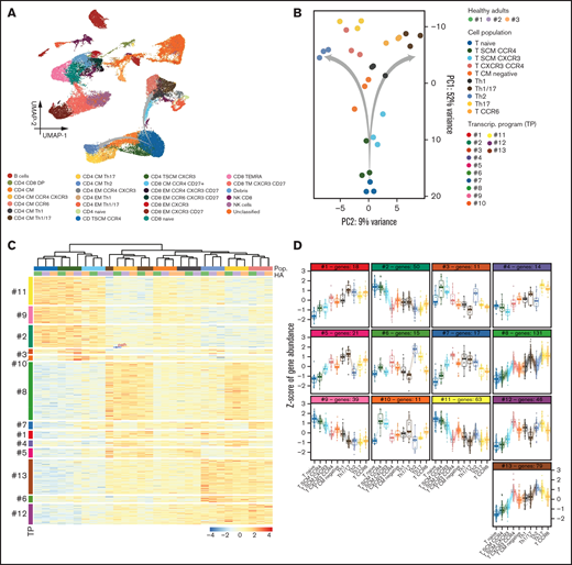 CD4 T-cell subsets with singular transcriptional states. (A) UMAP of peripheral blood lymphocytes from 3 healthy adults analyzed by flow cytometry immunophenotyping. (B) Principal component (PC) analysis of RNA-seq data from 10 subsets identified within the CD4 T-cell compartment and isolated by multidimensional fluorescence-activated cell sorting. A putative trajectory is indicated in (A) and from Naïve to central memory (CM) CD4 T cells (B), which subsequently diverge according to T-helper polarization. (C) Heatmap based on gene expression of 10 CD4 T-cell subsets: naive, SCM CCR4+, TSCM CXCR3+, central memory (CM) CXCR3+ and CXCR4+, CM without expression of any marker, T-helper type 1 (Th1), T-helper type 1/17 (Th 1/17), T-helper type 2 (Th2), T-helper type 17 (Th17), and CCR6+ CM. Transcriptional programs were defined by k-means clustering. Gene expression is represented by a row z-score. (D) The z-score of gene expression in CD4 T-cell subsets according to their transcriptional program.