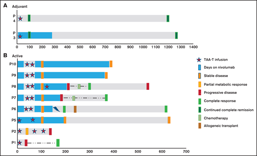 Clinical outcomes. Swimmers plot showing the outcome of patients after receiving TAA-Ts with or without nivolumab. (A) Patients in remission at the time of TAA-T infusion. (B) Patients with measurable disease at the time of TAA-T infusion. The timing of nivolumab is indicated by the blue bar in relation to the TAA-T infusion, which is indicated by an asterisk.