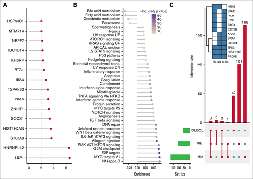 Mutational analysis for significantly mutated genes, network propagation and mutational overlap with related entities. Significance levels for all PBL MutSigCV genes (P < .01) (A) and HALLMARK gene sets and Nfkb pathway enrichment (B) for network diffusion analysis of significant MutSigCV genes (MutSigCV, P < .01). (C) UpSet plot showing the overlap of MutSigCV genes using PBL, DLBCL (1144 cases retrieved from 5 cohorts encompassing various subtypes of DLBCL via cBioPortal),42,58–61 and MM (205 cases from Lohr et al62 retrieved via cBioPortal) data; inlet shows the overlap between the 3 tumor entities.