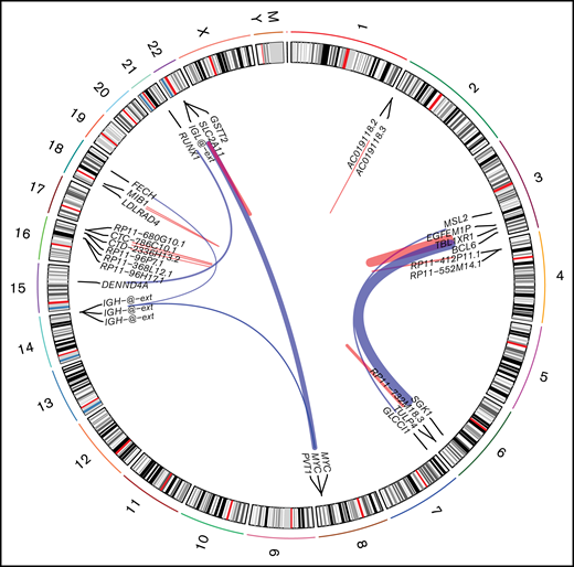 Fusion identified in PBL samples with respect to their genomic location. Red links indicate intrachromosomal fusions, and blue links indicate interchromosomal fusions.