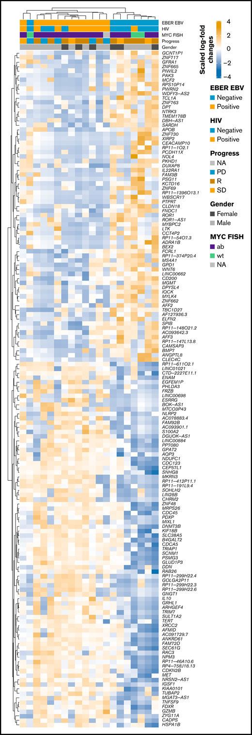 Heatmap of scaled log2 fold-change of significantly expressed genes (P < .01, log2 fold-change > 2) EBV-positive vs EBV-negative samples. Clustering was performed by using Spearman correlations, and covariates are shown within the figure. ab, aberrated; FISH, fluorescence in situ hybridization; NA, not available; PD, progression disease; R, remission; SD, stable disease; wt, wild type.