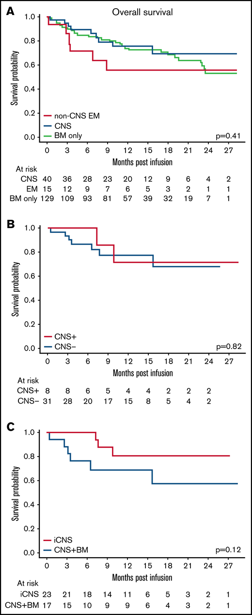 EM disease did not affect OS. (A) Overall survival of patients with CNS3 disease, non-CNS EM disease, and BM-only disease (P = .41). (B) OS of patients with active CNS disease (CNS+) at time of infusion compared with those with CNS disease that cleared (CNS–) before infusion (P = .82). (C) OS of patients with isolated CNS (iCNS) disease compared with those with combined CNS and BM disease (CNS + BM) (P = .12).