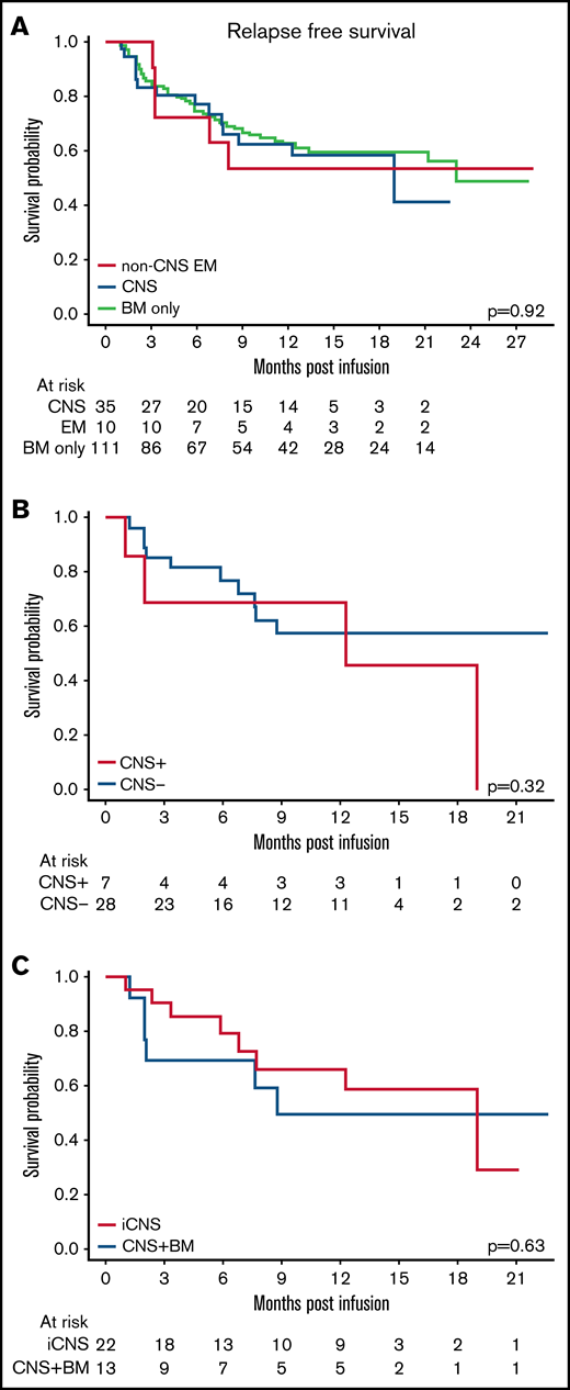 EM disease did not affect RFS. (A) RFS of patients with CNS3 disease, non-CNS EM disease, and BM-only disease (P = .92). (B) RFS of patients with active CNS disease (CNS+) at time of infusion compared with those with CNS disease that cleared (CNS–) before infusion (P = .32). (C) RFS of patients with isolated CNS disease (iCNS) compared with those with combined CNS and BM disease (CNS + BM) (P = .63).