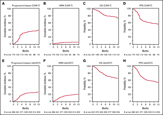 Outcomes of CAR-T cell therapy after autologous transplant failure. (A) Progression/relapse. (B) NRM. (C) OS. (D) PFS. Outcomes of alloHCT after autoHCT failure. (E) Progression/relapse. (F) NRM. (G) OS. (H) PFS.