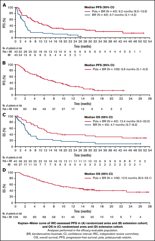 Kaplan-Meier curves of survival. IRC-assessed PFS in randomized arms (A), IRC-assessed PFS in the extension cohort (B), OS in randomized arms (C), OS in the extension cohort (D). Analyses performed in the efficacy-evaluable population.
