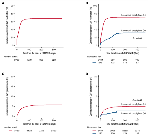 Cumulative incidence of CMV reactivation and gastroenteritis. The cumulative incidence of CMV reactivation (A), the adjusted cumulative incidence of CMV reactivation in patients with and without letermovir prophylaxis (B), the cumulative incidence of CMV gastroenteritis (C), and the adjusted cumulative incidence of CMV gastroenteritis in patients with and without letermovir prophylaxis (D). Adjusted curves were plotted with the following covariates: recipient’s age at HCT, sex mismatch, CMV serological status, disease, DRI, KPS, HCT-CI, donor source, conditioning intensity, GVHD prophylaxis, in vivo T-cell depletion, year of HCT, organ involvement sites of aGVHD, and use of systemic steroids.