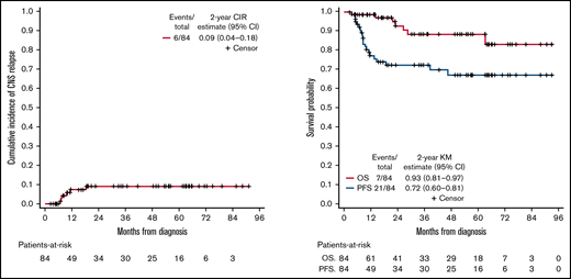 Cumulative incidence of relapse, PFS, and OS in patients with DLBCL and HGBCL receiving prophylactic HDMTX.