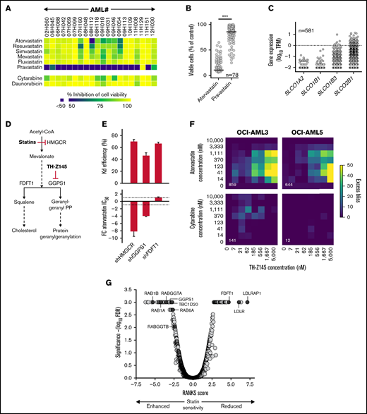 Inhibition of RAB protein function mediates the anti-AML activity of statins. (A) Heatmap illustrating sensitivity of 20 primary human AML specimens to 2.5 μM of indicated statins. (B) Viability of primary human AML cells after 6-day incubation in the presence of 2.5 μM of atorvastatin or pravastatin. Horizontal lines represent median inhibition achieved by pravastatin (14%) and atorvastatin (74%). (C) Expression levels of genes implicated in transmembrane transport of pravastatin in primary human AML specimens from the Leucegene cohort. Dotted line, 1 TPM. (D) Schematic representation of the mevalonate pathway. Red bars indicate targets of statins and TH-Z145 compound. (E) Knockdown efficiency achieved by short hairpin RNAs (shRNAs) targeting HMGCR, FDFT1, and GGPS1 (top) and corresponding fold change (FC) in atorvastatin 50% inhibitory concentration (IC50; bottom) in OCI-AML5 cells. Average of 3 shRNAs achieving similar knockdown levels is shown with standard error of the mean. (F) Heatmaps showing excess bliss scores for treatment of OCI-AML3 and OCI-AML5 cells with atorvastatin, cytarabine, and TH-Z145 at indicated concentrations. Numbers in white refer to the sum of all scores >0 (indicative of synergy) for each surface. Representative of 2 independent experiments. Results were analyzed using the R (v3.6.1) SynergyFinder (v2.0.12) package. (G) Results of CRISPR/Cas9 whole-genome screening performed in NALM6 cells treated with 150 nM of cerivastatin. Robust analytics and normalization for knockout screens (RANKS) scores are presented (average of 10 sgRNAs per gene), and statistical assessment was performed by RANKS with false discovery rate (FDR) correction. Genes with FDR values <0.001 were assigned a FDR value of 0.001. ***P < .0001. PP, pyrophosphate; TPM, transcripts per million.