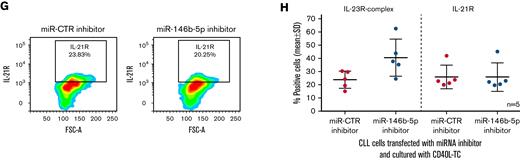 Downregulation of miR-146b-5p expression by CLL cells cocultured with CD40L-TC. (A) Comparison of IL-23R complex expression by cells from a representative CLL case (GE1-AG114) transfected with the indicated miR inhibitors or cocultured with CD40L-TC or mock control cells for 48 hours and analyzed by flow cytometry. (B) Summary of data on IL-23R complex expression (determined by flow cytometry) after a 48-hour exposure of purified CLL cells to miR-146b-5p inhibitor or CD40L-TC as in (A). CLL cells were from cases GE1-AG114, GE1-DM210, GC0015, SV1-SA, SR1-ME1077, MG0482, VF0384, and CM18. P values of the difference between CLL cells treated with miR-146b-5p vs miR CTR inhibitors or exposed to CD40L-TC vs mock cells are indicated (Wilcoxon test). ∗∗P = .0078. (C) Time course experiments to determine cell viability, cell activation, and miR-146b-5p expression following coculture with CD40L-TC. The top panels show CLL cells morphology based on their side scatter-A and forward scatter-A features before (T0) and after CD40L engagement in the representative CLL case GE1-CC190. The gate (live gate) indicates viable cells. Lower panels summarize data of the experiments in 3 different CLL cases (GE1-GA191, GE1-CC190, and SR1-ME1077). Cell viability was measured by flow cytometry by excluding annexin-V/PI-positive cells (left panel). Expression of the CD80 activation marker by purified CLL cells was evaluated by flow cytometry and is indicated as the percentage of positive cells in the viable cell gate (middle panel). The lower right panel shows miRNA expression by RT-qPCR. Data are expressed as ΔCT of miR-146b-5p vs miR-93. Data are plotted as mean ± SD. (D) RT-qPCR analysis of miR-146b 5p (CLL cases PF0024, HG0135, SR0112, CA0058, RD0468, and LG0337) and IL-12Rβ1 mRNA (CLL cases PF0024, HG0135, CA0058, RD0468, MA0151, and AR0090) expression by CLL cells transfected with miR-146b-5p inhibitors and subsequently cultured with CD40L-TC for 48 hours. miR-146b-5p expression was calculated as fold change compared with values observed in CLL cells transfected with miR-CTR inhibitors normalized to RNU44 and U6 small nuclear RNA(left panel). IL-12Rβ1 mRNA expression was calculated as fold change using CLL cells transfected with miR CTR inhibitor cells as calibrator normalized vs POL2RA gene mRNA (right panel). Data are plotted as mean ± SD. (E) IL-12Rβ1 chain expression by CLL cells from cases PF0024, HG0135, SR0112, CA0058, DF0319, RD0468, MA0151, AR0090, PD0164, and SR1-ME1077 transfected with the indicated miR inhibitors and cultured for 72 hours in the presence of CD40L-TC. Cells were analyzed by flow cytometry, and data are expressed as a percentage of positive cells. (F) IL-23R complex expression by CLL cells of the same cases analyzed in (E). Data are expressed as a percentage of positive cells (mean ± SD). P values of the difference between stimulated CLL cells and control samples are indicated (Wilcoxon test). ∗P < .05. (G) Flow cytometric analysis of IL-21 receptor expression by CLL cells treated as in (E) in a representative case DF0319. (H) Comparison of IL-23R complex or IL-21R expression by CLL cells from 5 cases (HG0135, SR0112, DF0319, RD0468, and PD0164) treated with the indicated miR inhibitors and cultured with CD40L-TC cells. Data are expressed as a percentage of positive cells (mean ± SD).