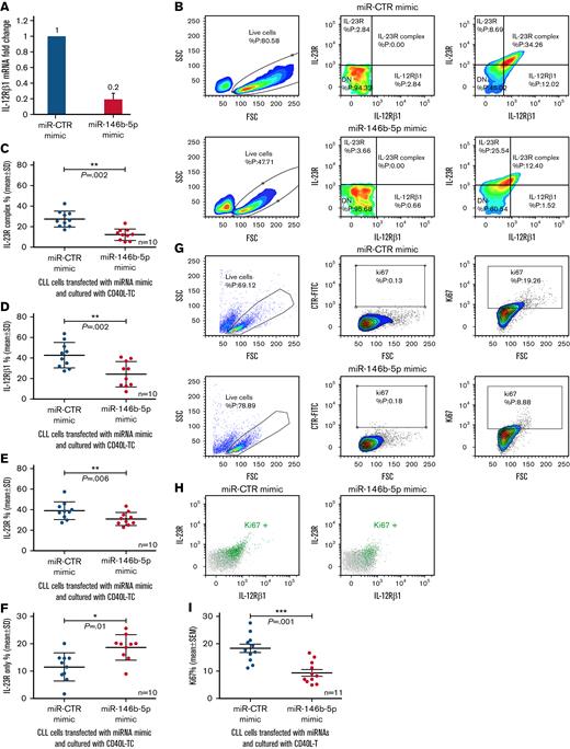 Influence of miR-146b-5p concentrations on the expression of the IL-12Rβ1 chain by CLL cells cocultured with CD40L-TC. (A) Purified CLL cells were transfected with the indicated miRNA mimics and cultured for 48 hours with CD40L-TC and IL-12Rβ1 mRNA concentrations determined by RT-qPCR. The cases studied were PF0024, DF0319, SR0112, CA0058, RD0468, MA0151, AR0090, LG0337, PD0164, and HG0135. Data are plotted as mean ± SD. (B) Evaluation of IL-23R and IL-12Rβ1 chain expression by flow cytometry in 1 representative CLL case (SR1-ME1077) cultured with CD40L-TC for 72 hours. Only viable cells were gated, and double-positive cells were considered IL-23R complex-positive. (C) IL-23R complex expression by CLL cells (cases PF0024, HG0135, SR0112, CA0058, DF0319, RD0468, MA0151, AR0090, PD0164, and SR1-ME1077) transfected with the indicated miRNAs and cultured with CD40L-TC for 72 hours. Data are expressed as a percentage of double (IL-12Rβ1+IL-23R+) positive cells (mean ± SD). (D) IL-12Rβ1 side chain, (E) IL-23R side chain, and (F) IL-23 side chain-only expression by the CLL cells from the same cases analyzed in (C). Data are expressed as a percentage of positive cells (mean ± SD). (G) Ki67 expression was analyzed by flow cytometry in CLL cells cultured with CD40L-TC for 72 hours following transfection of the indicated miRNA mimics. Data from a representative case (CLL RD0468) are shown. (H) Multiparametric flow cytometry test to detect cells expressing both IL-23R complex and Ki67 in the same representative experiment as in (E). The cells were stained for Ki67 and the IL-12Rβ1 and IL-23R chains of the IL-23 receptor complex. Ki67+ cells gated in (E) are highlighted by the green dots, whereas the whole cell population is indicated by gray dots. (I) Summary of Ki67+ cells determinations obtained on 11 different CLL cases (PF0024, HG0135, SR0112, CA0058, DF0319, RD0468, MA0151, AR0090, PD0164, LG0337, and SR1-ME1077) after a 72-hour culture with CD40L-TC following transfection of the indicated miRNA mimics. Data are expressed as mean ± SD. P values of the difference between treated and control cells are indicated (Wilcoxon test). ∗P < .05.