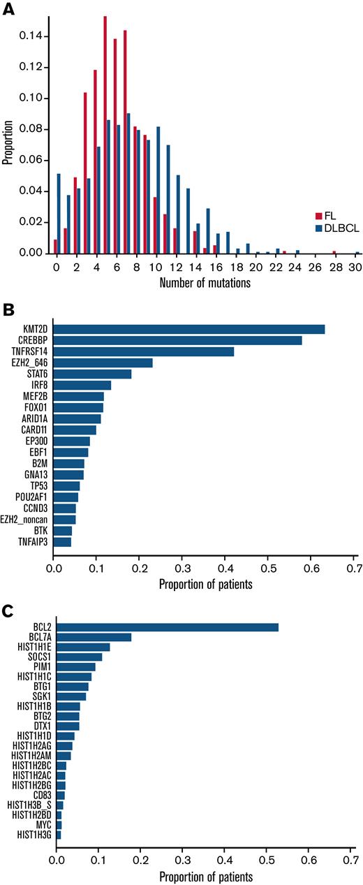 Distribution of the number of mutations. (A) Comparison of the distributions of the number of mutations per patient in FL vs DLBCL. Each bar represents the proportion of patients with FL (red) or DLBCL patients (blue) with the corresponding number of mutated genes. (B) The proportion of patients in the FL study cohort carrying the corresponding genetic feature: the top 20 most common nonaberrant somatic hypermutation genetic features. (C) The proportion of patients in the FL study cohort carrying the corresponding aberrant somatic hypermutations.