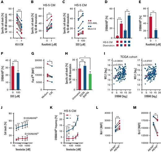 S100A8/A9 expression is associated with enhanced therapeutic resistance. (A) AML cell lines (OCI-AML, n = 5; MOLM-13, n = 5) were incubated for 48 hours in the absence (−, circles) or presence (+, squares) of HS-5 CM and treated with 50 nM doxorubicin for the last 24 hours of culture. Viability was analyzed by annexin-V/7-AAD staining via flow cytometry, and specific cell death by doxorubicin was calculated. (B-C) Similarly, specific cell death by 50 nM doxorubicin of AML cell lines (OCI-AML, n = 3; MOLM-13, n = 2-5) cultured in the presence of HS-5 CM was analyzed in untreated (circles) and treated (squares) samples treated with ruxolitinib (B) or SSO (C). (D) The frequency of S100A8/A9hi OCI-AML (n = 8) and MOLM-13 (n = 11) cells was determined by flow cytometry after 48 hours of culture in the absence and presence of HS-5 CM and upon treatment with 50 nM doxorubicin for the last 24 hours, as indicated. (E-F) Frequency of S100A8/A9hi OCI-AML (n = 3-4) and MOLM-13 (n = 4) cells after culture for 48 hours in the presence of HS-5 CM and for the last 24 hours in the presence of 50 nM doxorubicin was determined by flow cytometry upon treatment with ruxolitinib (E) or SSO (F). (G) Free cytosolic calcium was semiquantified in AML cells (OCI-AML, n = 3; MOLM-13, n = 3) cultured for 48 hours in the absence (medium) or presence (CM) of HS-5 CM with the flow cytometric probe Fluo-8. (H) Specific cell death of AML cells (OCI-AML n = 3; MOLM-13 n = 2) by 50 nM doxorubicin was estimated via annexin-V/7-AAD staining in untreated samples and upon scavenging extracellular (EGTA) and free cytosolic (BAPTA) calcium. (I) Log2-transformed normalized counts of the S100A8 and S100A9 gene expression (from TCGA LAML data set) correlated with the log2-transformed normalized count of MCL1 by the Spearman test. (J) Cell death of S100A8/A9lo and of S100A8/A9hi AML cells (OCI-AML, n = 3; MOLM-13, n = 3) cultured for 24 hours in the presence of HS-5 CM was analyzed upon treatment with increasing concentrations of venetoclax by annexin-V/7-AAD staining in flow cytometry. (K) Frequency of S100A8/A9hi AML cells (OCI-AML, n = 2; MOLM-13, n = 2) cultured for 24 hours in the absence or presence of HS-5 CM was determined by flow cytometry after treatment with increasing concentrations of venetoclax . (L-M) Intracellular protein levels of Mcl-1 (L, OCI-AML, n = 4; MOLM-13, n = 4) and Bcl-2 (M, OCI-AML, n = 3; MOLM-13, n = 3) were measured by flow cytometry in S100A8/A9lo and S100A8/A9hi subsets of AML cells cultured for 48 hours in the presence of HS-5 CM. Data are expressed as the standard error of mean. ∗P < .05; ∗∗P < .01; ∗∗∗P < .001; ns, not significant.