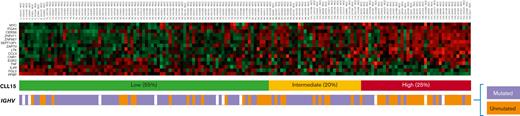 The geneexpression–based model to predict TtFT in patients with CLL. A heatmap of the CLL15 assay with 15 informative genes shown as rows and 154 patient samples as columns. The 3 patient groups identified by the assay are shown below the heatmap together with the mutational status of the IGHV genes.