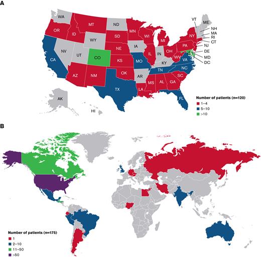 Map of geographic referral pattern. (A) Geographic origin of 120 domestic patients using ZIP codes. (B) Geographic origin of 175 patients. Eleven patients who were treated with 2 CAR constructs at separate times (for a total of 186 treatments) were counted once for geographic tallying. Maps generated at mapchart.net.