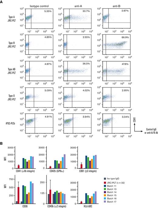 In vitro characteristics of iPSC-PLTs. (A) Representative flow cytometry scatter plots of cell surface A antigen and B antigen expression on JRC-PLTs of types A, B, AB, and O and on iPSC-PLTs. (B) Flow cytometry analysis of JRC-PLTs and iPSC-PLTs of batch 11, 13, 14, 15, 16, and 17. Mean fluorescence intensities (MFI) of CD41, CD42b, CD61, CD36, CD49b, and HLA-A/B/C are shown. For JRC-PLTs, the mean and standard deviation of MFI from 32 individuals are shown. (C) HPA genotypes of patient PBMCs and M35-1 imMKCL, determined using WAKFlow HPA typing reagents. (D) Flow cytometry histogram of iPSC-PLTs and HPA-1a/1a JRC-PLTs using HPA-1a-specific anti-CD61 (clone SZ21) antibody. (E) Scheme of the MR-MAIPA assay to identify HPA-1a antigen expression. (F) Readout ratio of anti–HPA-1a serum to negative control serum for iPSC-PLTs and HPA-1a/1a JRC-PLTs by MR-MAIPA, as in panel C. SZ21 antibody blocks the binding of anti–HPA-1a serum, resulting in values below the cutoff level for JRC-PLTs as well, thereby assuring specificity of the serum. (G) Sizes and percentages of the large IPF corresponding to iPSC-PLTs (batch 18) and blood donor–derived JRC-PLTs at different storage days. Representative data of 3 batches are shown. (H) Representative transmission electron micrograph images of iPSC-PLTs (batch 17) and JRC-PLTs. Scale bar: 1 μm.