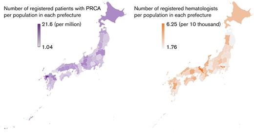 Geographical distribution of PRCA occurrence in Japan. The prefectural disparities in (A) the number of patients with PRCA registered in Ptosh and (B) the numbers of JSH hematologists. Although a regional PRCA incidence varies between 1.04 and 21.6 per million, it was not correlated with a hematologist density (Pearson’s product-moment correlations 0.0462; 95% CI, −0.244 to 0.329; P = .0758).