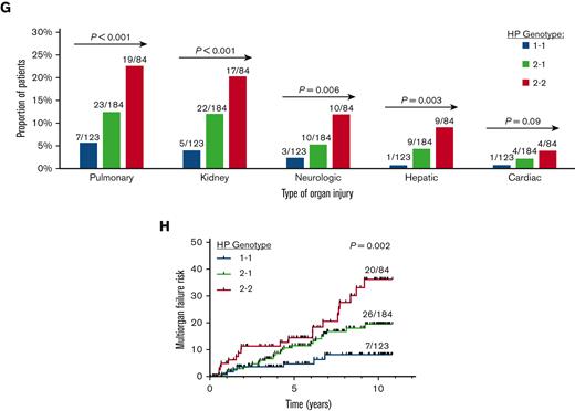 Association of HP 1 allele with lower cell-free hemoglobin-to-HP concentration and multiorgan failure risk in SCD. (A-C) Serum concentrations of (A) HP, (B) cell-free hemoglobin (hgb), and (C) cell-free hgb-to-HP ratio by the HP genotype in patients with SCD at steady state (n = 243), VOE (n = 42), and acute chest syndrome (n = 9). Test for linear trend P values are provided. (D-F) Proportion of patients who developed (D) acute chest syndrome, (E) rapidly progressive acute chest syndrome, and (F) acute chest syndrome complicated by multiorgan failure by the HP genotype on longitudinal follow-up. (G) The proportion of patients with acute organ injury by the HP genotype. (H) The risk for developing acute chest syndrome complicated by multiorgan failure was lower in patients with the HP 1 allele. Log-rank P value provided.