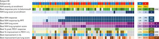 Heatmap of best response metrics of disease and symptoms in BOS. Baseline characteristics for all 59 subjects and best improvement in multiple metrics of lung response are shown. Detailed definitions of metrics provided in supplemental Table 1. F, female; M, male; mod, moderate; NR, no response; Sev, severe; Unk, unknown.