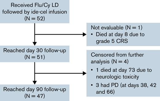 CONSORT diagram description of the patient cohort. Patients were censored at time of death or 7 days after progressive disease (PD). CRS, cytokine release syndrome; Flu/Cy, fludarabine and cyclophosphamide; ide-cel, idecabtagene vicleucel; LD, lymphodepletion chemotherapy.