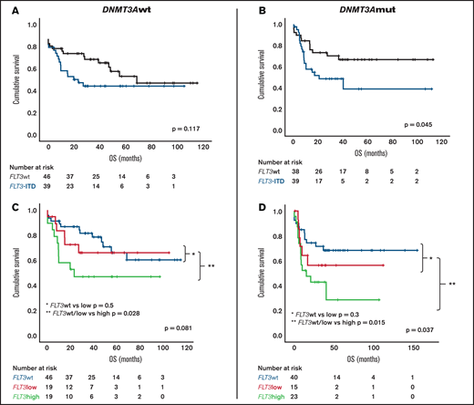 DNMT3A influence over FLT3-ITD allelic ratio subgroups. OS of DNMT3AWT (A,C) and DNMT3Amut (B,D) patients in different FLT3 subsets.