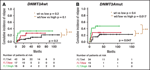 Cumulative incidence of relapse in AML-NPM1 patients based on DNMT3Amut status.DNMT3AWT (A) and DNMT3Amut (B) patients according to FLT3-ITD subgroup.