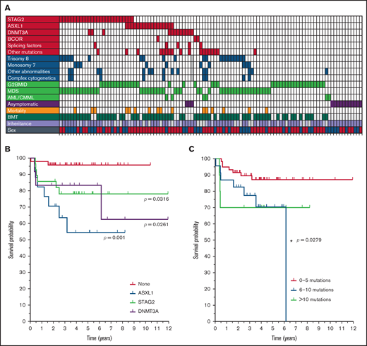 Somatic mutation occurrence and survival. (A) Summary of patients with GATA2 deficiency organized by somatic mutation status, cytogenetics, and diagnosis. Each vertical row represents 1 patient. Filled boxes indicate the presence of the parameter indicated on the left. Gray boxes indicate no data for that parameter. Recurrent mutations are shown in red, cytogenetic findings in blue, and diagnoses in green. Patients with STAG2 mutations are grouped together, followed by patients with mutations in ASXL1, then those with mutations in DNMT3A. Mutations in SRSF2 and U2AF1 are grouped together as “splicing,” and other common hematological mutations are grouped together as “other mutations” (Table 1). Aberrant cytogenetic findings are indicated as described in Figure 2. Familial inheritance is indicated by lavender boxes and de novo is pale purple. Males are indicated by blue and females by red. (B) Recurrent mutations and survival. Kaplan-Meier survival curves for the recurrent somatic mutations. Patients without a mutation in 1 of the recurrent genes are grouped together as “none.” The significance of each group compared with none is indicated. (C) Total somatic mutations and survival. Kaplan-Meier survival curves with the total number of somatic mutations determined by WES and grouped into 3 categories. Survival is from the initial sample collection. *Significant differences between groups.