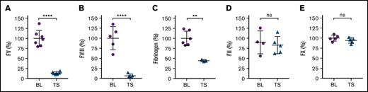Trauma and shock are associated with changes in coagulation parameters. Mice were subjected to both trauma and shock (TS). Control baseline (BL) mice were catheterized but were not subjected to trauma or shock (supplemental Figure 1). Plasma samples were collected 60 minutes after trauma and shock. Shown are the plasma activity levels of (A) FV (n = 6-7), (B) FVIII (n = 5), (C) fibrinogen (n = 3-6), (D) FII (n = 4-5), and (E) FX (n = 5). Results are shown as mean ± SD. Statistical significance was determined by 1-way ANOVA with Dunnett’s multiple comparisons test. **P < .01; ****P < .0001; ns, not significant.