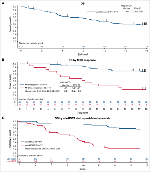 OS was censored at 18 months because only a subgroup of nontransplanted patients was followed beyond 18 months. (A) OS was defined from the start of blinatumomab infusion until death. (B) OS was analyzed according to MRD response using the Kaplan-Meier method. (C) OS was analyzed according to alloHSCT status after blinatumomab using a Simon-Makuch 60-day landmark analysis. (D) OS was analyzed according to donor type for alloHSCT after blinatumomab treatment. Vertical bars indicate censoring.