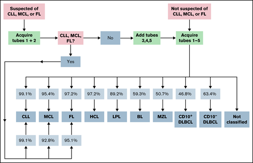 Proposed diagnostic strategy using the expert-independent classification and modular design of the B-CLPD panel. The infiltration of sample by a B-CLPD is assessed using tube 1 first. Patients presenting with a high pretest (clinical, basic laboratory, cytology, or after evaluating tube 1) likelihood for a CLL, MCL, or FL should be evaluated as next step using tubes 1 and 2 only. If the diagnosis of 1 of those 3 entities is made, no further testing is recommended. If neither CLL, nor MCL, nor FL is diagnosed, the additional evaluation of tubes 3 to 5 is advisable. Patients who are not suspected of CLL, MCL, or FL should be directly tested with the full panel. Percentages in squares reflect PPV by entity and testing strategy.