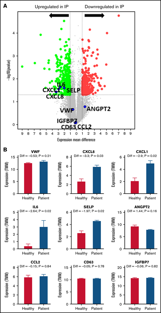 Differentially expressed genes in IP-ECFCs and the enriched GO-biological process terms. (A) Volcano plot illustrates significantly DEGs in IP-ECFCs in which –log10 (p) is plotted against the mean differences. Green dots represent the upregulated genes and red dots represent downregulated genes. Numbers of genes upregulated or downregulated are denoted. Dashed lines mark the threshold of statistical significance. DEGs were considered significant when P < .05 and fold-change was > 2 in respect of healthy control ECFC samples/or absolute log2FC (mean difference) was > 1. A negative mean difference value indicates lower expression in healthy controls and a positive mean difference indicates lower expression in IP-ECFCs. The blue dots illustrate the expression of WPB cargos, which are either upregulated (CXCL8, IL6, CXCL1, and SELP) or are expressed normally (VWF, Ang2, CCL2, CD63, and IGFBP7). (B) Graphs show the expression level (represented by TMM) of WPB constituents in healthy as well as index patient ECFCs. The mean difference values (Diff), calculating a difference between the expression of healthy controls and the IP, as well as P values are specified above the columns. There was no significant difference in expression (Diff) of the VWF, Ang2, CCL2, CD63, and IGFBP7 between healthy and IP-ECFCs (P > .05), though the expression of IL-8, CXCL1, IL-6, and P-selectin in IP was upregulated, demonstrating significant Diff (P < .05). (C) The table displays the list of top 10 enriched GO-biological process terms as well as the examples of the representative genes (green: upregulated genes; red: downregulated genes), and their Fold Enrichment Score estimated after carrying out GO enrichment analysis using the GO Consortium tool. TMM, trimmed mean of the M-values.