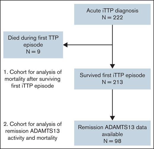Flowchart of individuals included in the analysis. A total of 222 individual patients were treated for acute iTTP at the Johns Hopkins Hospital or OSU, of whom 9 died during the index iTTP episode. The remaining 213 patients were including in the analysis of mortality after an episode of acute iTTP. A subset of 98 patients had available measurements of ADAMTS13 activity in remission and were included the analysis evaluating the association of reduced ADAMTS13 activity in remission with mortality.