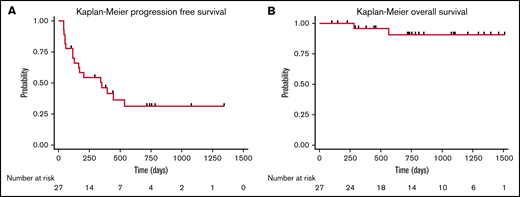 Cohort survival. PFS (A) and OS (B) for all patients treated with CD30.CAR-T cell therapy.