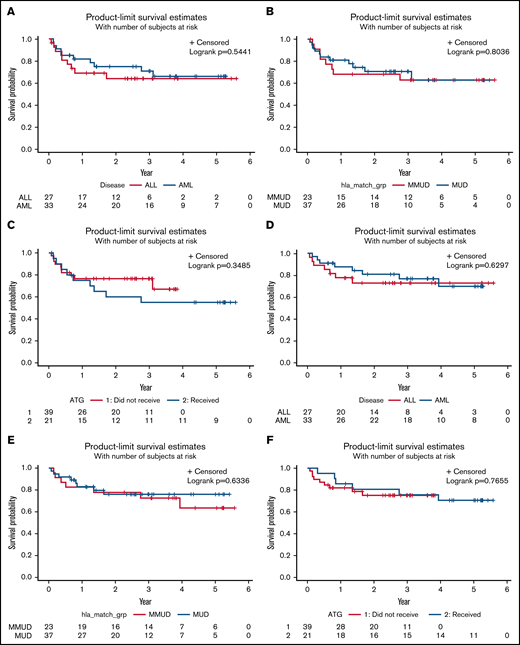 LFS and OS by disease type. (A) LFS by type of leukemia, defined as the time from transplantation to relapse or death in the patients who achieved engraftment. (B) LFS by HLA match. (C) LFS by ATG exposure. (D) OS by type of leukemia, defined as the time from transplantation to death from any cause. (E) OS by HLA match. (F) OS by ATG exposure.