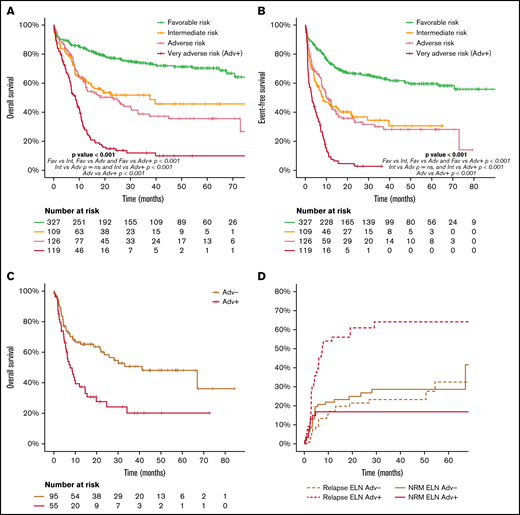 Outcome according to ELN risk category dividing the adverse risk category in two different subgroups, ELN Adv− and the very adverse risk/ELN Adv+. (A) OS and (B) EFS of the ELN 2017 risk groups stratifying the ELN 2017 adverse risk patients in the 2 proposed groups (ELN Adv− and very adverse risk/ELN Adv+). Pairwise comparison of OS and EFS has been adjusted with the Bonferroni method. Outcome after alloSCT in both ELN Adv subgroups in terms of OS (C) and CIR and NRM (D).