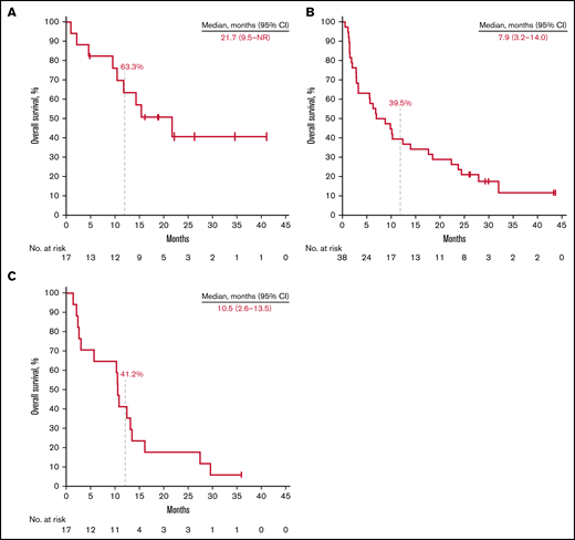 Kaplan-Meier estimates of overall survival. Patients with relapsed or refractory rrCLL (A), rrDLBCL (B), and rrMM (C).