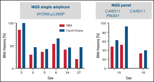 Results of liquid biopsy of vitreous body fluid from 8 cases of VRL. Allelic frequencies of mutations analyzed by targeted NGS of cell-free DNA isolated from vitreous body fluids (blue) are represented in comparison with allelic frequencies obtained from the cellular samples (red; Figure 1). In 6 cases MYD88 hotspot codon 265 was analyzed using single amplicon sequencing (left). In cases 19 and 15, mutations in CARD11 and/or PRDM1 were analyzed by using panel sequencing (case 19: CARD11 c.1871A>C/p.Q624P; case 15: CARD11 c.1078A>G/p.M360V, c.1034A>G/p.E345G, both with similar allelic frequencies, PRDM1: c.1801C>T/p.R601W) (right).