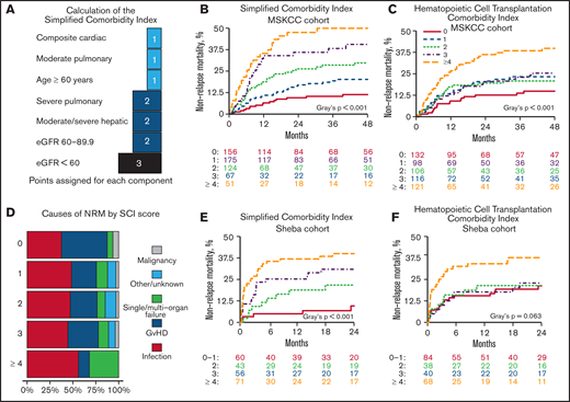 The SCI. (A) Schematic diagram showing the points added for each component of the score. NRM cumulative incidence by the SCI and HCT-CI scores over the MSKCC (B-C) and Sheba (E-F) cohorts. (D) Cause of death stratified by SCI score. eGFR was measured using the CKD-EPI formula.
