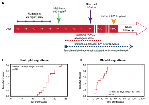 Conditioning regimen and engraftment. (A) Study schema. Peri-HCT ruxolitinib administration was from day −3 pre-HCT to day +30 post-HCT. Neutrophil (B) and platelet (C) engraftment post-HCT. aGVHD, acute GVHD; PO, orally; QD, once daily.