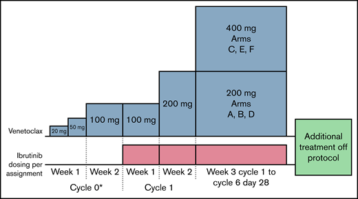 Treatment schema. Participants were initially treated with VEN, starting at 20 mg by mouth daily and increasing to 50 mg by mouth daily and 100 mg by mouth daily over 2 weeks (cycle 0*). Participants must have had at least 2 but no more than 4 days of 20 mg, and 3 but no more than 5 days of 50 mg before moving to 100 mg by mouth daily for 7 days. Ibrutinib (IBR), at the allocated dose, was added to venetoclax (VEN) at 100 mg by mouth daily for an additional 7 days (cycle 1, week 1). Weekly VEN dose titration was continued to the allocated dose as shown.