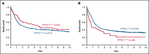 OS of younger (age <60 years) patients. (A) OS in younger patients with NPM1mut/PTPN11wt (blue line) and NPM1mut/PTPN11mut (red line). (B) OS for younger patients based on the presence of NPM1wt/PTPN11wt (blue line) and NPM1wt/PTPN11mut (red line).