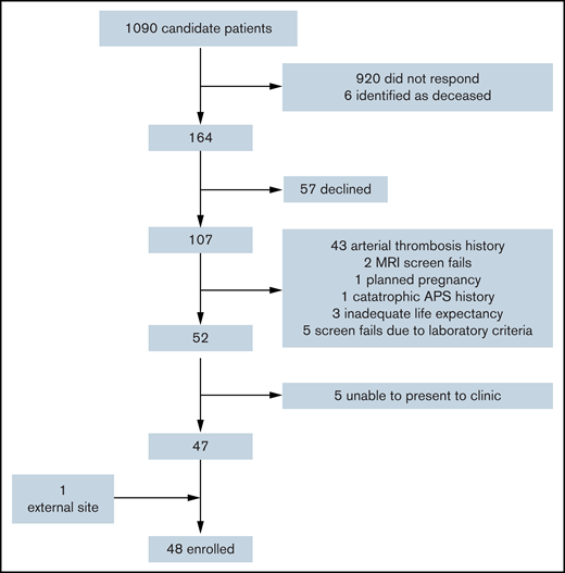 Consort diagram of patients screened. One MRI screen fail was because of the identification of a brain tumor, and the other was because the patient had white matter changes disproportionate for age. MRI, magnetic resonance imaging.